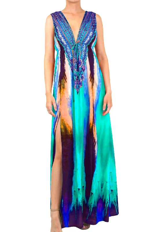 Printed Long Navy Blue Long Dress Off-the-shoulder Chic Trendy