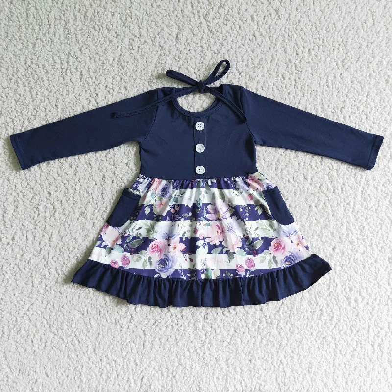 Promotion GLD0052 Baby Girl Long Sleeves Floral Ruffle Pocket Dress Crew Neckline Sporty
