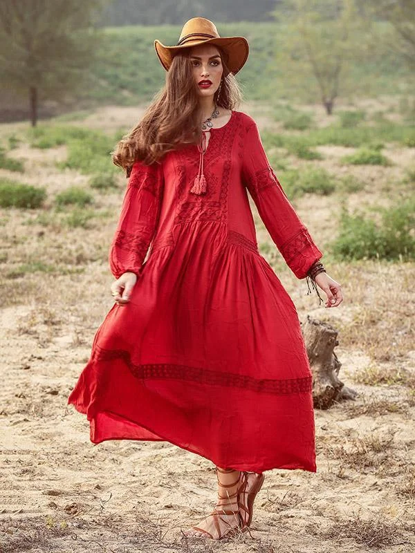 Red Bohemia Inwrought Long Sleeve V Neck Beach Long Dress Boat Neckline Classic