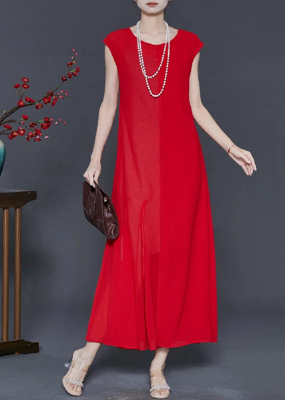 Simple Red Silm Fit Draping Chiffon Robe Dresses Summer Tunics Bridal satin