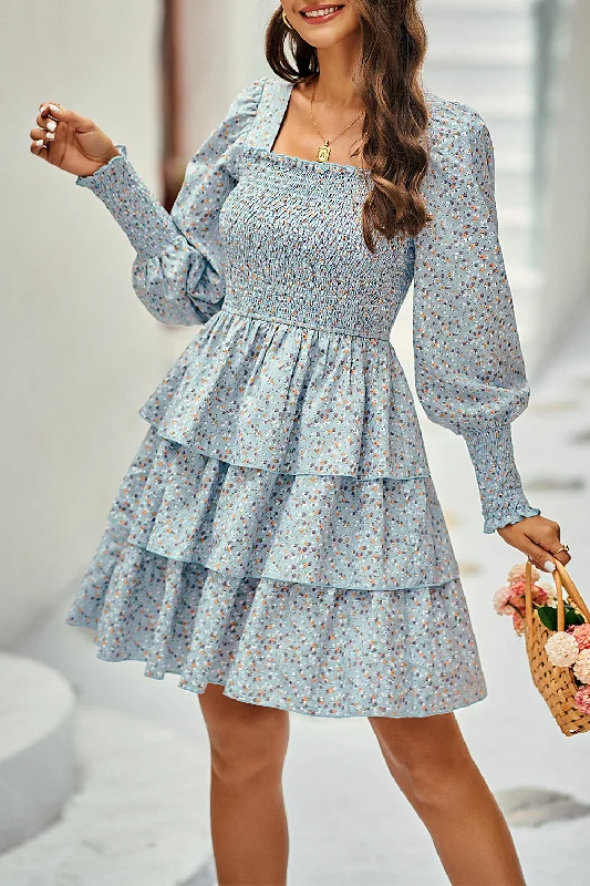 Square Neck Puff Sleeve Flroal Cute Tiered Flowy Dress Mini Crew Neckline Sporty