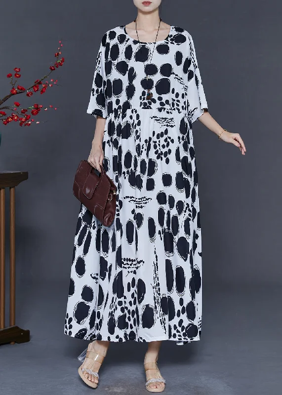 Style White Oversized Print Chiffon Holiday Dress Summer Tunics Polka dots