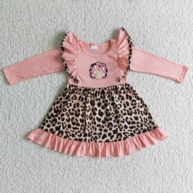 Thanksgiving Day Turkey Embroidery Leopard Print Baby Girls Long Sleeve Dress Tunics Short Trendy