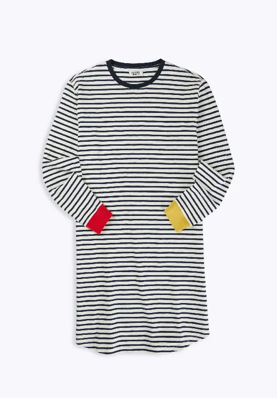 Twyla T-Shirt Dress in White & Navy Striped Jersey Colorblock Tunics Plaid country