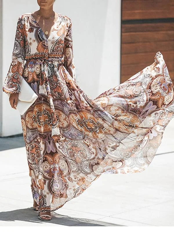 Unique Print Long Sleeves Bohemia Floral V-Neck Maxi Dress Tunics Exclusive limited