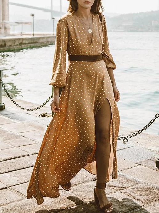 Unique Summer Bohemia Polka-dot V Neck Maxi Dress Tunics Party sparkling