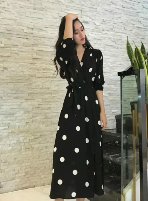 V-NECK LADIES LONG DRESS CASUAL HALF SLEEVE DOT DRESS Tunics Distressed trendy