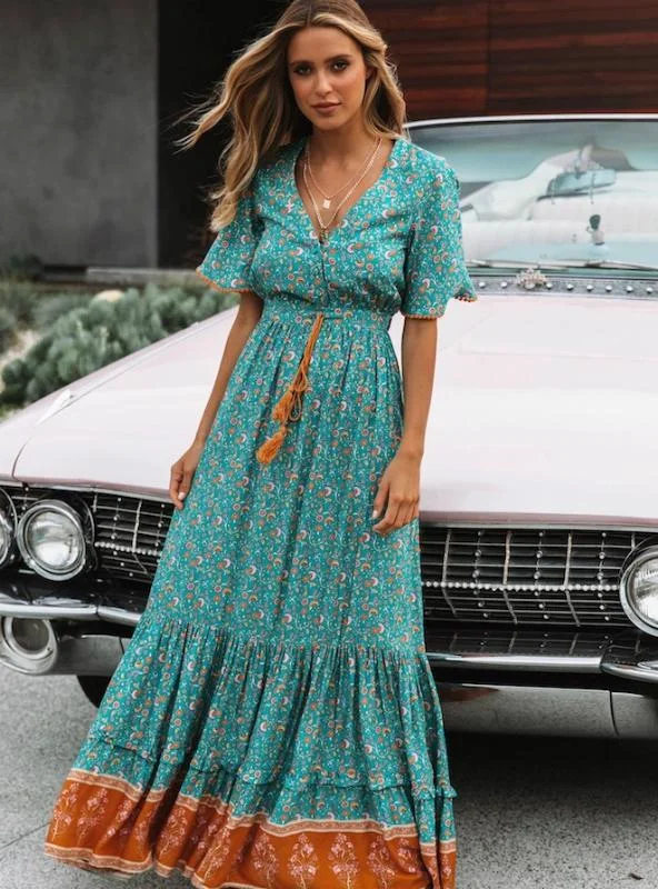 V-Neck Short Sleeve Ruffled Long Maxi Dress Tunics Review highly
