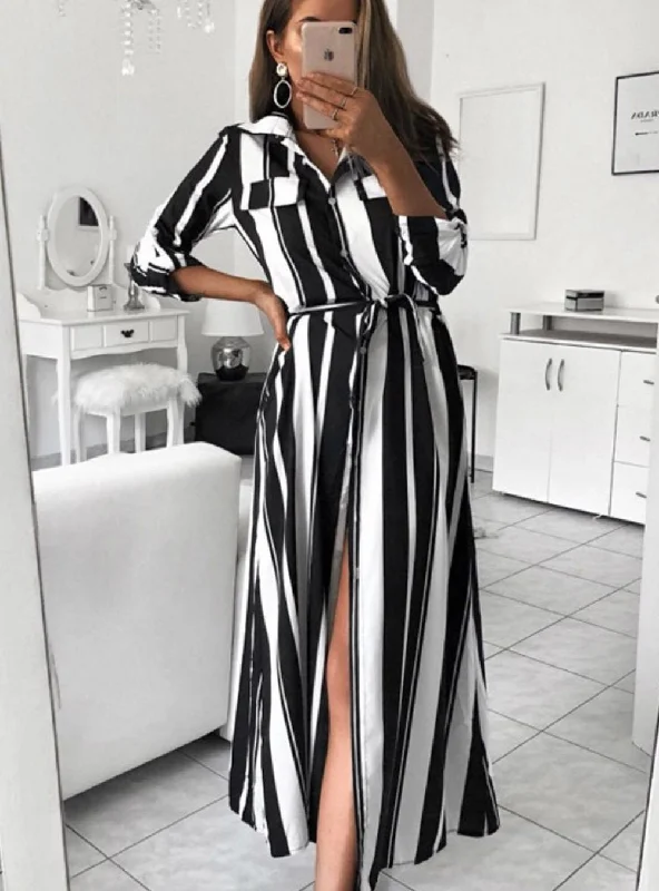 WOMEN AUTUMN SPRING LONG SLEEVE STRIPE MAXI DRESSES Tunics Fleece cozy