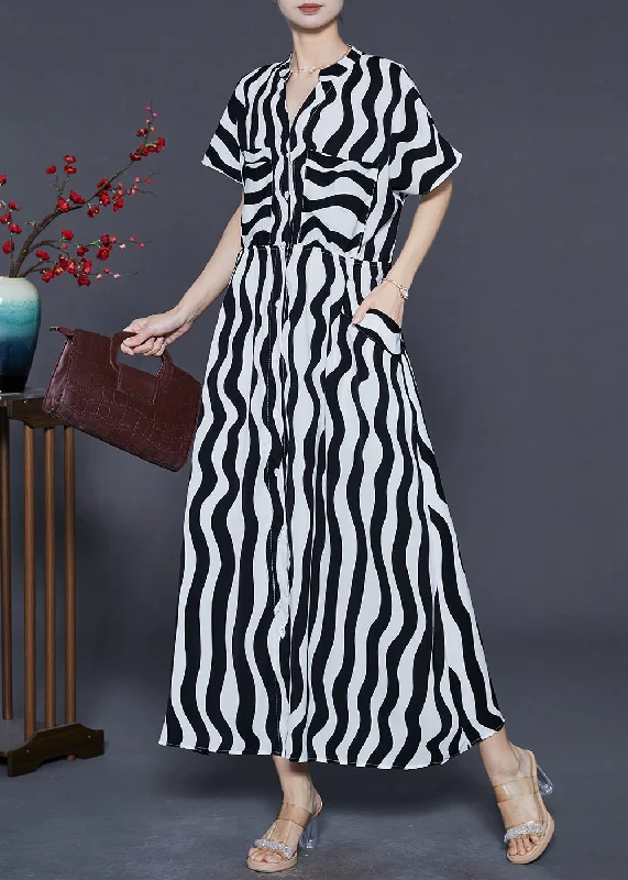 Women Black V Neck Striped Chiffon Dress Summer Tunics Practical easy-care