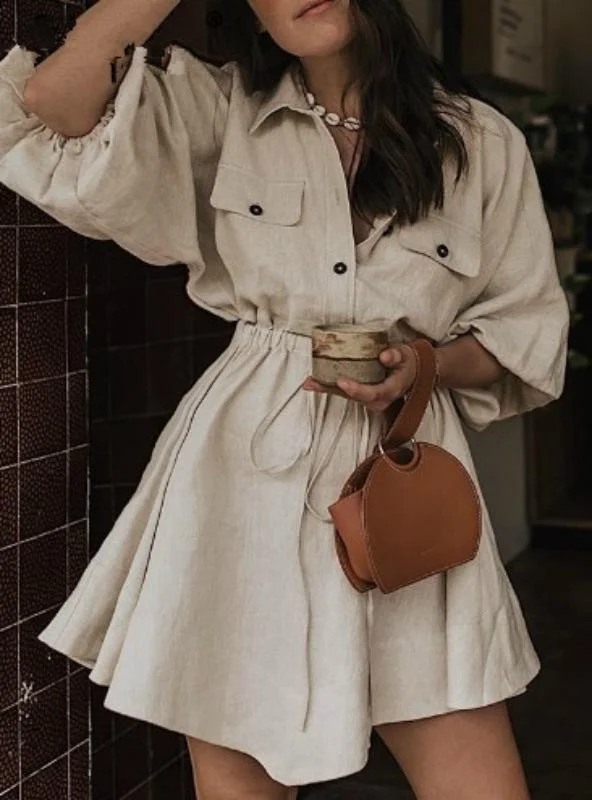 Women Mini Shirt Lantern Sleeve Sash Buttons Dresses Tunics Modern contemporary