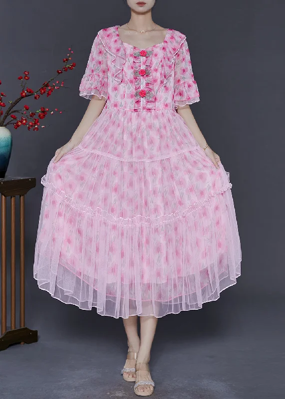 Women Pink Ruffled Floral Chiffon Dresses Summer Tunics New arrival