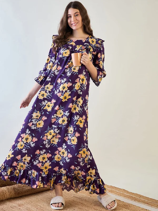 Women's Frilled Purple Charming Night Dress - The Kaftan Company Square Neckline Feminine
