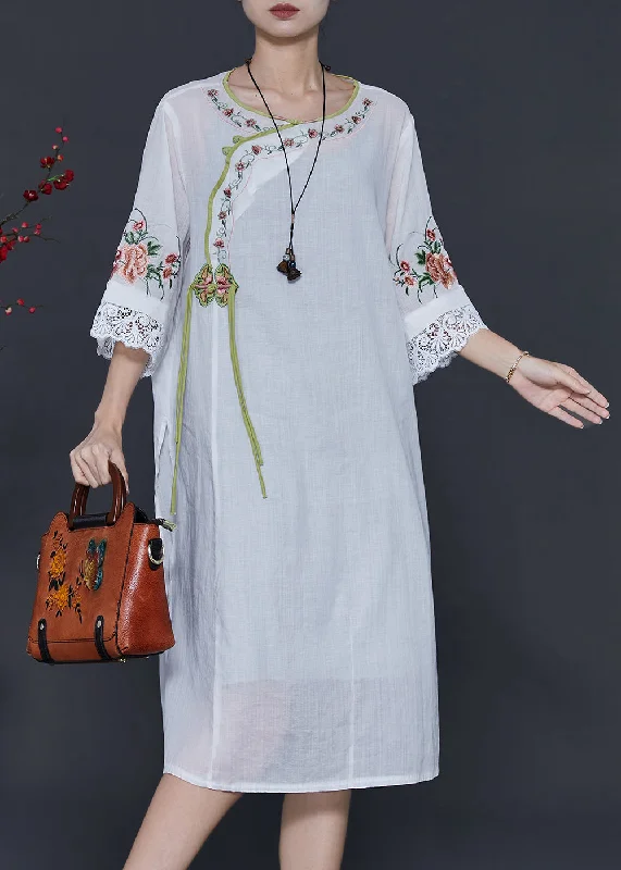 Women White Embroidered Patchwork Linen Oriental Dresses Summer Tunics Long Elegant